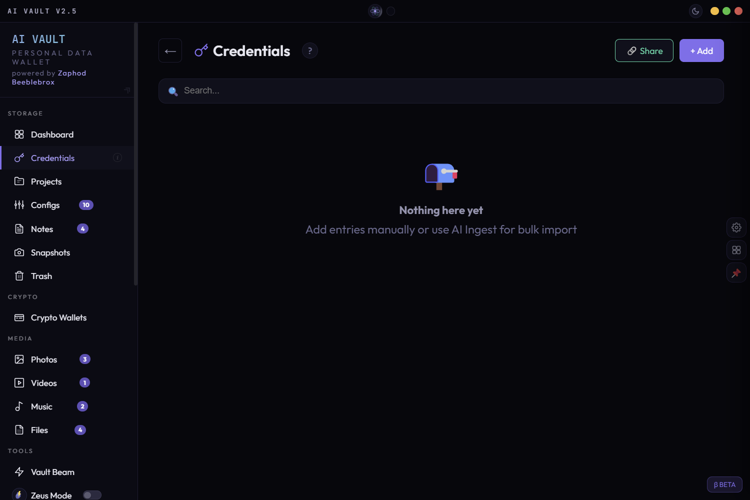 AI Vault credentials — encrypted password manager