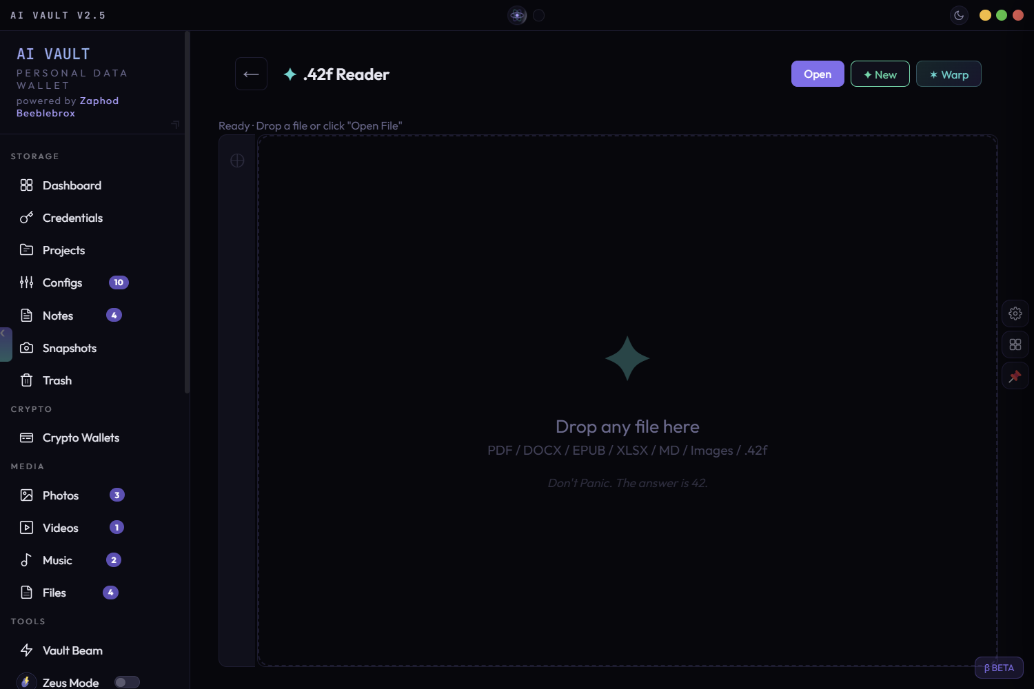 AI Vault .42f Reader — drop any file (PDF, DOCX, EPUB, XLSX, MD, images, .42f) to open it instantly