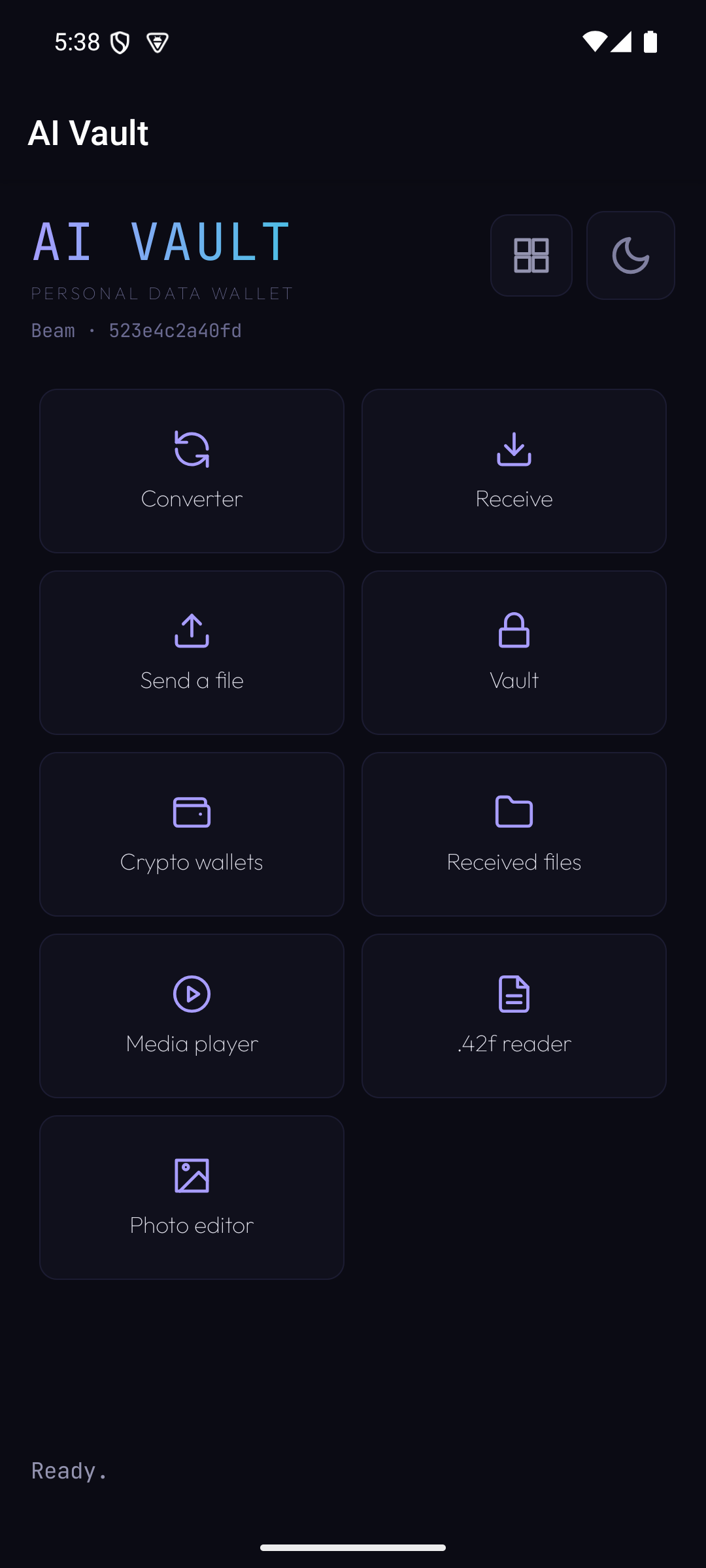 AI Vault mobile — native Android app, 100% offline: vault, crypto wallets, .42f reader, media player, file manager
