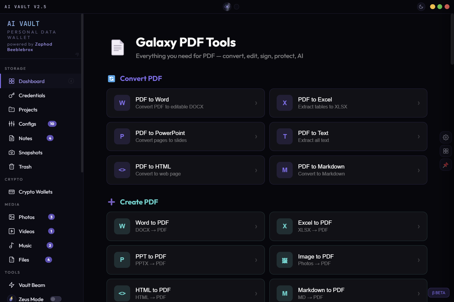 AI Vault Galaxy PDF Tools — convert, edit, sign, protect, AI